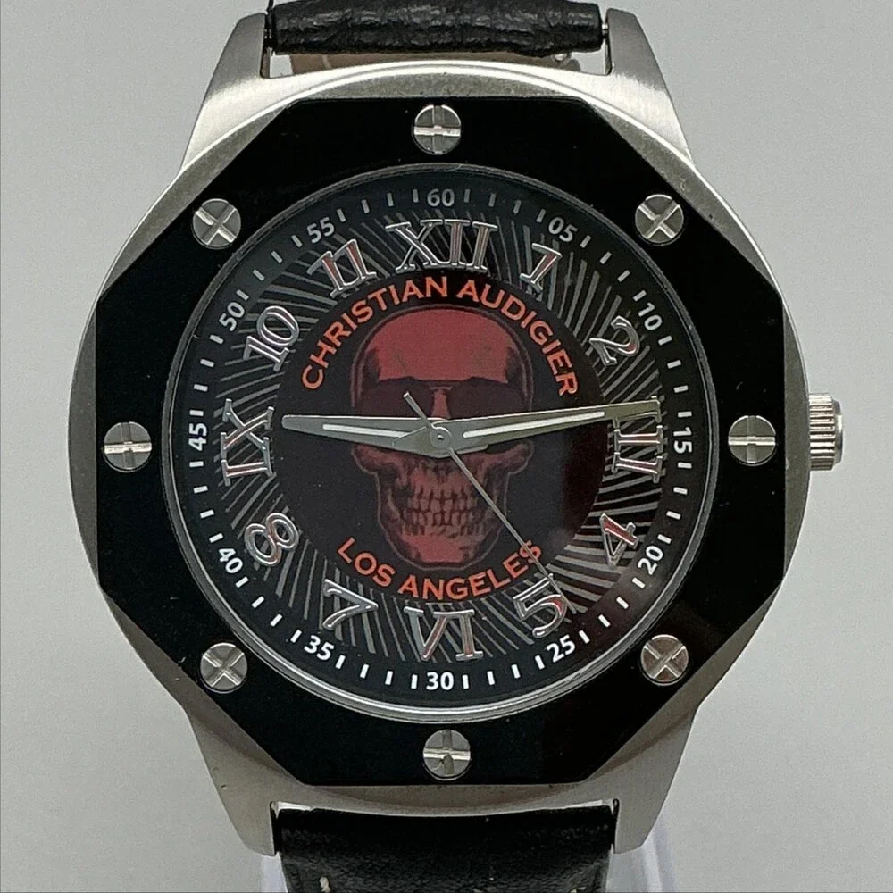Christian Audigier Mens Watch 46mm Black Red Skull Dial Leather New Battery